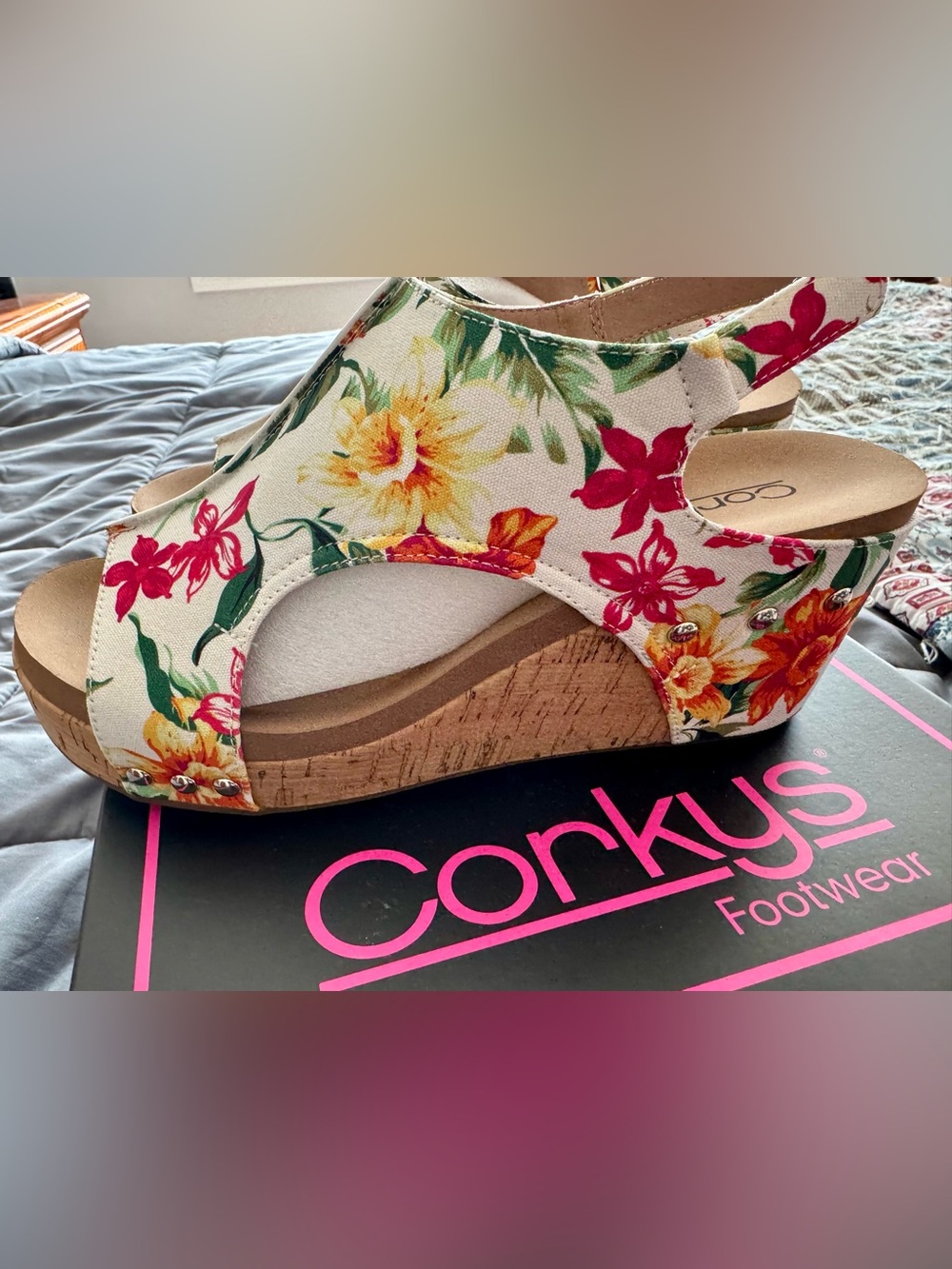 Corkys Floral Print Wedge Sandals - White with Red & Yellow Blooms - Picture 4 of 7